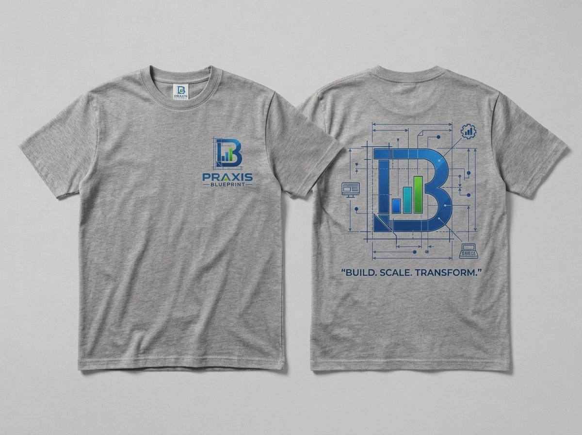Shop the Praxis Blueprint Signature T-Shirt featuring the official logo, blueprint-inspired graphics, and “Build. Scale. Transform.” Shipped from Topeka, Kansas.
