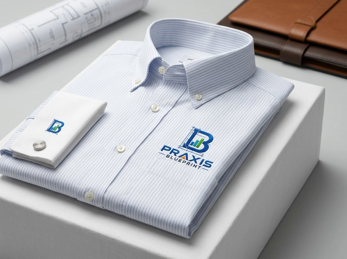 Shop the Praxis Blueprint Executive Dress Shirt, a premium embroidered business shirt designed for professionals and shipped from Praxis Blueprint HQ in Topeka, Kansas.