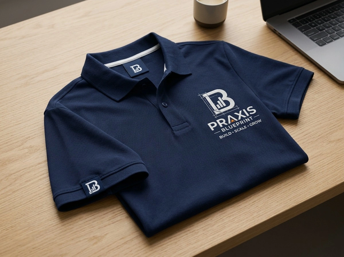 Shop the Praxis Blueprint Professional Polo Shirt with embroidered logo. A premium business-casual polo for professionals, entrepreneurs, and technology enthusiasts.