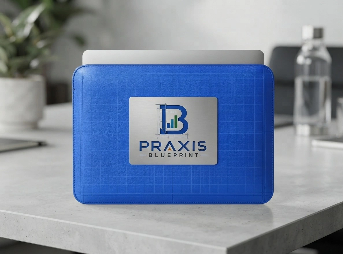 Shop the Praxis Blueprint Tech Laptop Sleeve, a premium 15–16 inch laptop case with professional branding, padded protection, and a sleek blueprint-inspired design.