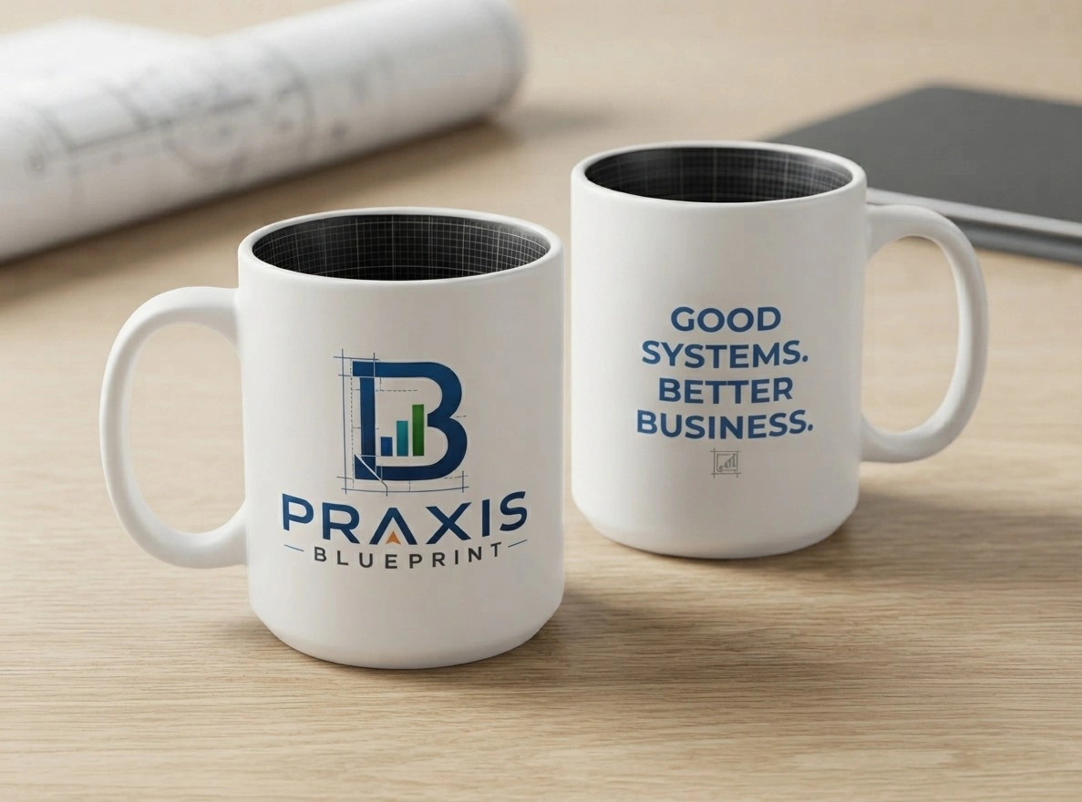 Shop the Praxis Blueprint Signature Coffee Mug, a premium business and technology-themed ceramic mug featuring the Praxis Blueprint logo. Ships from Topeka, Kansas.