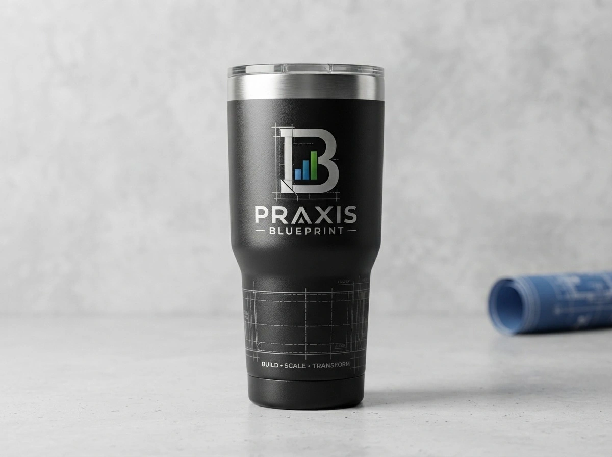 Shop the Praxis Blueprint Executive Tumbler, a 20 oz insulated stainless steel travel tumbler with premium branding, designed for work, commuting, and everyday use.