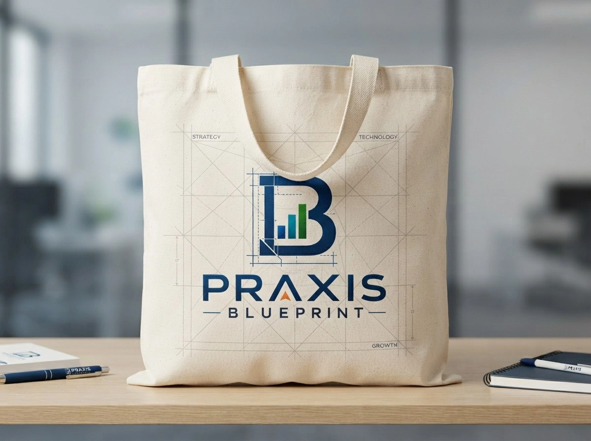 Shop the Praxis Blueprint Premium Canvas Tote Bag, a durable branded canvas tote featuring the Praxis Blueprint logo and blueprint-inspired design. Shipped from Topeka, Kansas.